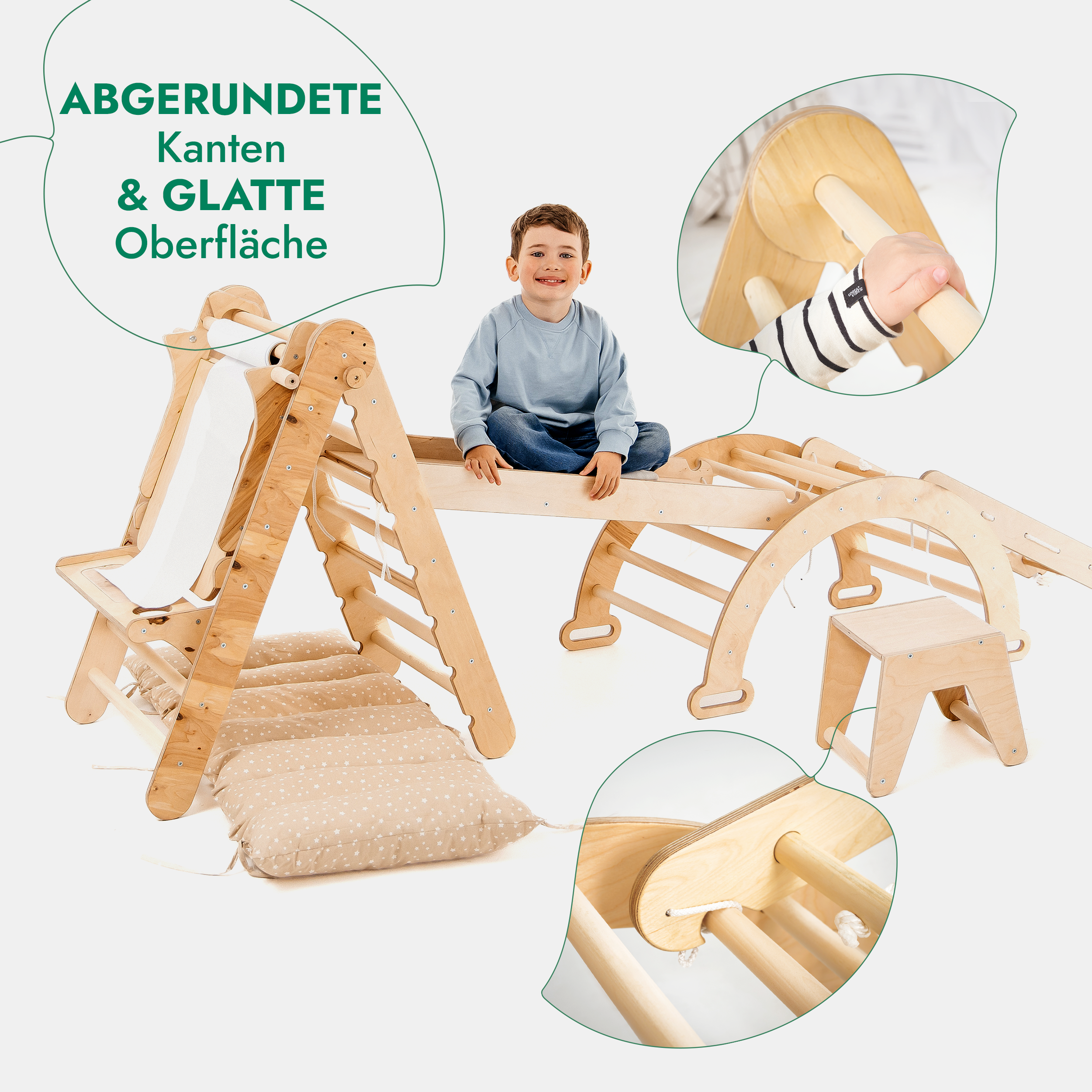 7in1 Montessori Klettergerüst Set: Kletterdreieck, Kletterbogen mit Kissen, Rutsche, Kletternetz, Maltafel und Kinderstuhl, für Kinder 1-7 Jahre – Beige-2