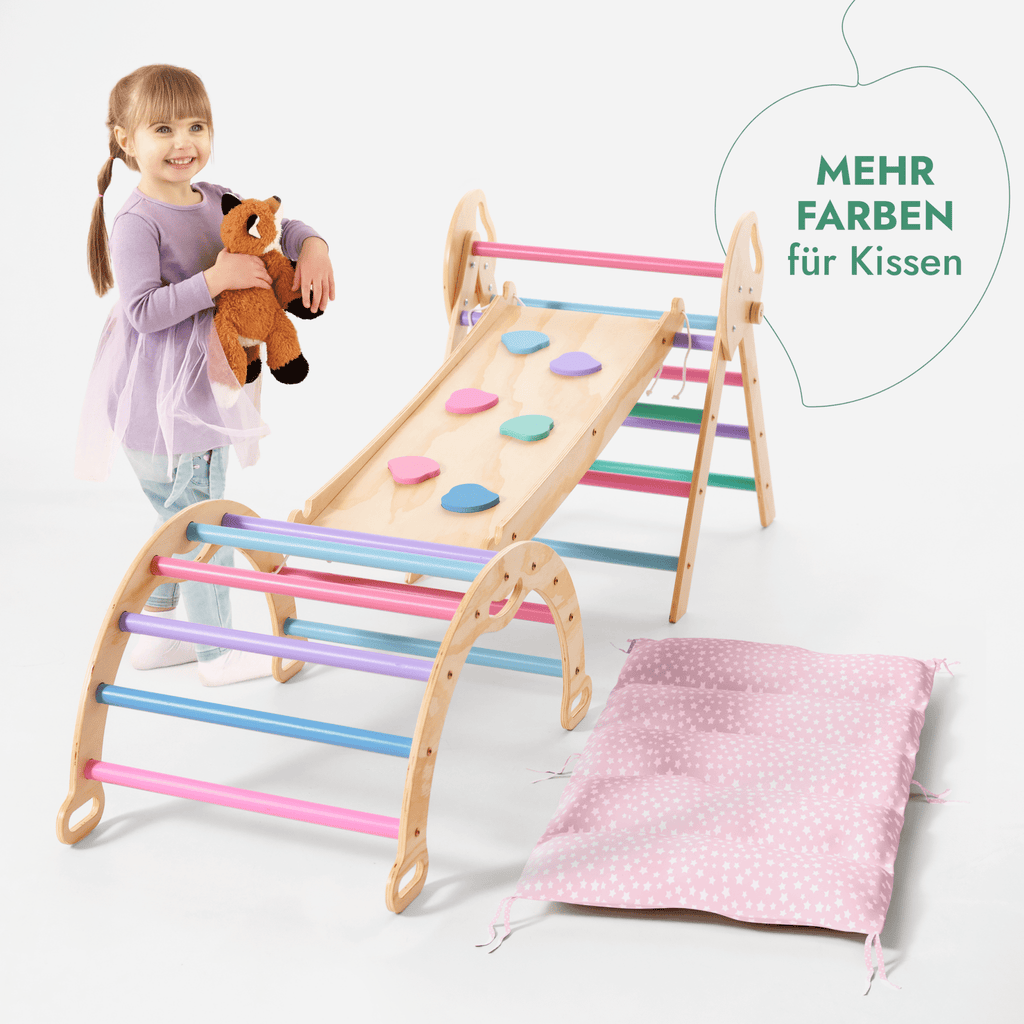 4-in-1 Montessori-Kletterset: Pikler-Dreieck, Kletterbogen, Rutschbrett und Kissen für Kleinkinder (1–3 Jahre) – Pastell-6