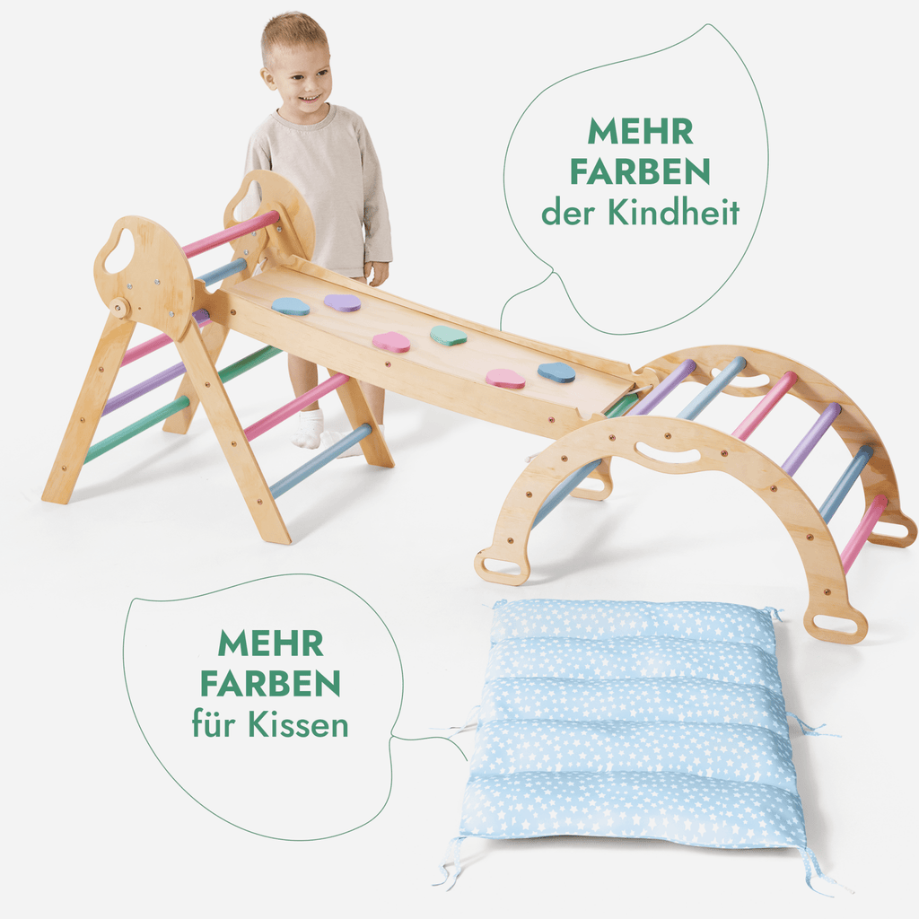 4-in-1 Montessori-Kletterset: Pikler-Dreieck, Kletterbogen, Rutschbrett und Kissen für Kleinkinder (1–3 Jahre) – Pastell-5