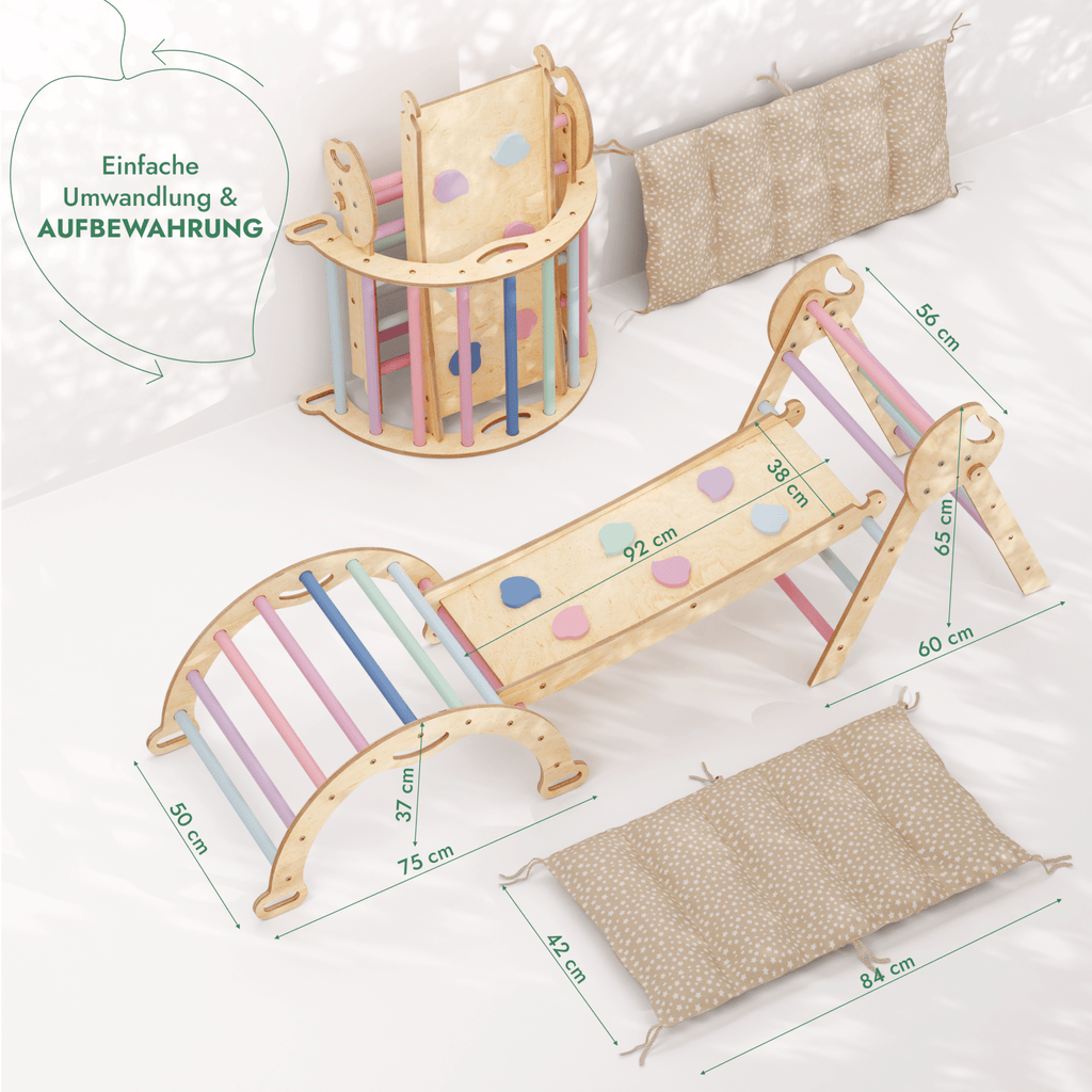 4-in-1 Montessori-Kletterset: Pikler-Dreieck, Kletterbogen, Rutschbrett und Kissen für Kleinkinder (1–3 Jahre) – Pastell-1