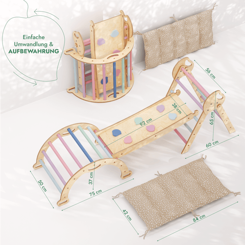 4-in-1 Montessori-Kletterset: Pikler-Dreieck, Kletterbogen, Rutschbrett und Kissen für Kleinkinder (1–3 Jahre) – Pastell-1