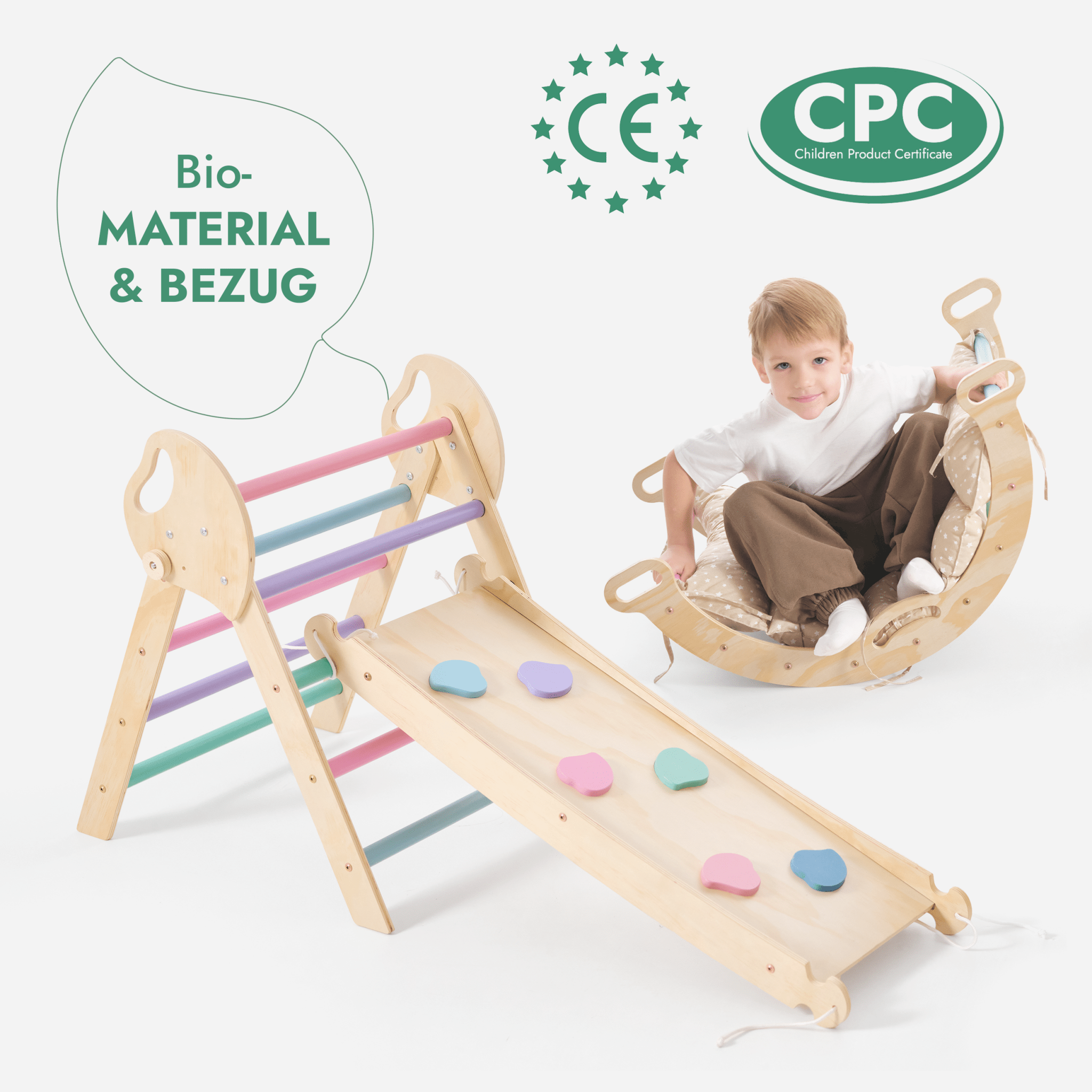 4-in-1 Montessori-Kletterset: Pikler-Dreieck, Kletterbogen, Rutschbrett und Kissen für Kleinkinder (1–3 Jahre) – Pastell-2