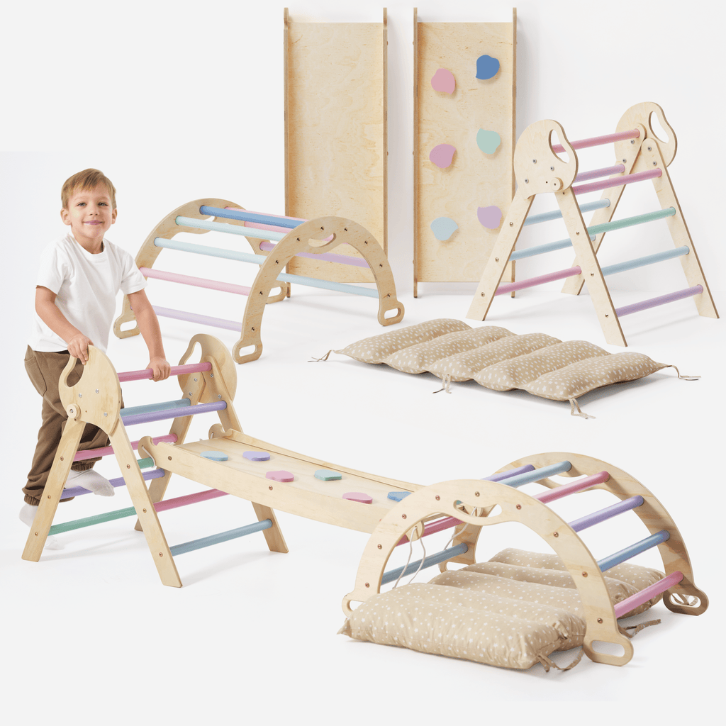 4-in-1 Montessori-Kletterset: Pikler-Dreieck, Kletterbogen, Rutschbrett und Kissen für Kleinkinder (1–3 Jahre) – Pastell-0