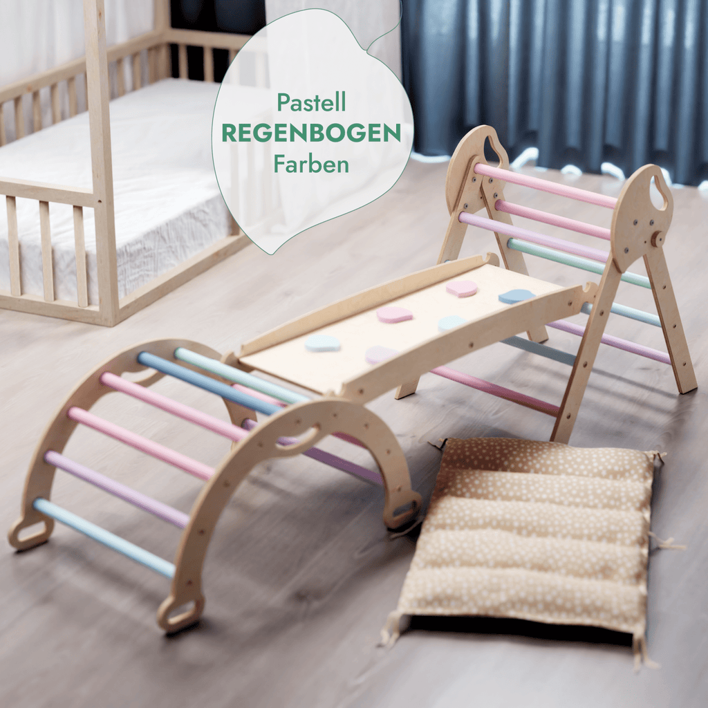 4-in-1 Montessori-Kletterset: Pikler-Dreieck, Kletterbogen, Rutschbrett und Kissen für Kleinkinder (1–3 Jahre) – Pastell-4