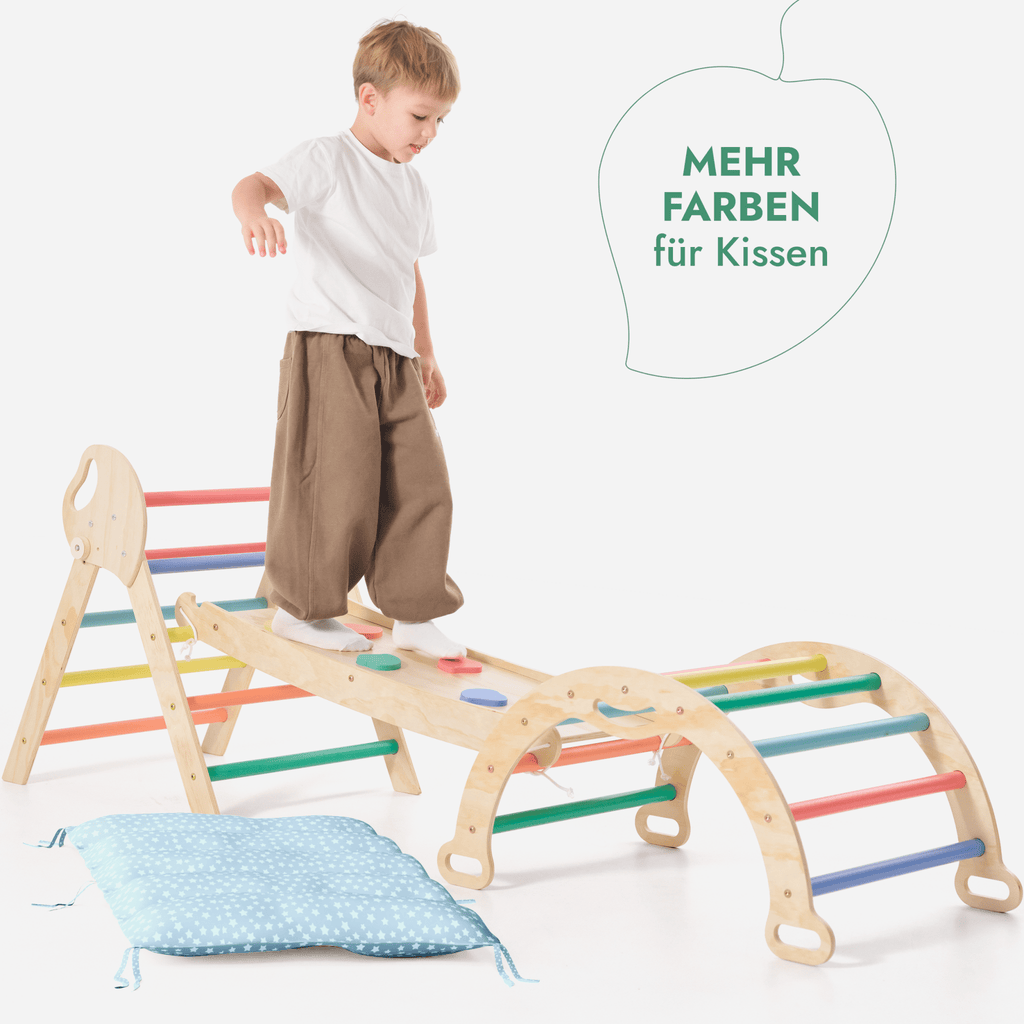 4in1 Montessori-Kletterset: Pikler-Dreieck, Kletterbogen, Rutschbrett und Kissen für Kleinkinder (1–3 Jahre) – Regenbogen-5