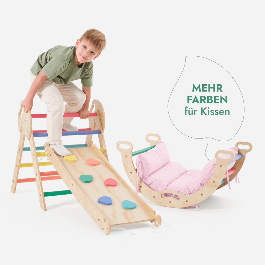 4in1 Montessori-Kletterset: Pikler-Dreieck, Kletterbogen, Rutschbrett und Kissen für Kleinkinder (1–3 Jahre) – Regenbogen-6