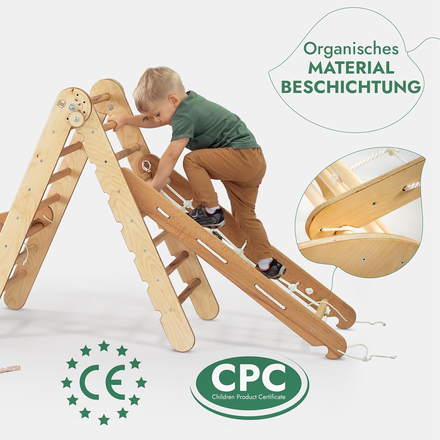 4in1 Montessori Klettergerüst Set: Kletterdreieck mit Rutsche, Kletterbogen, Kletternetz, für Kinder 1-7 Jahre – Beige-3