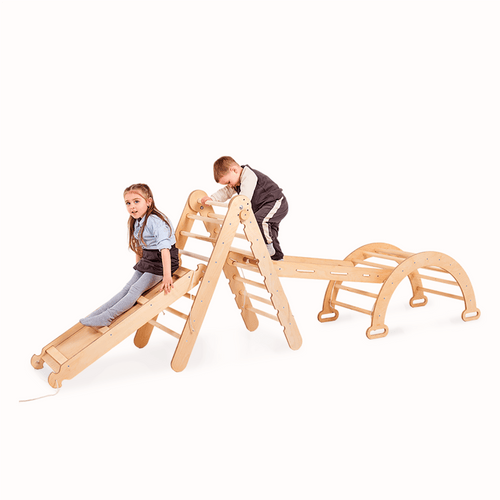 4in1 Montessori Klettergerüst Set: Kletterdreieck mit Rutsche, Kletterbogen, Kletternetz, für Kinder 1-7 Jahre – Beige-0