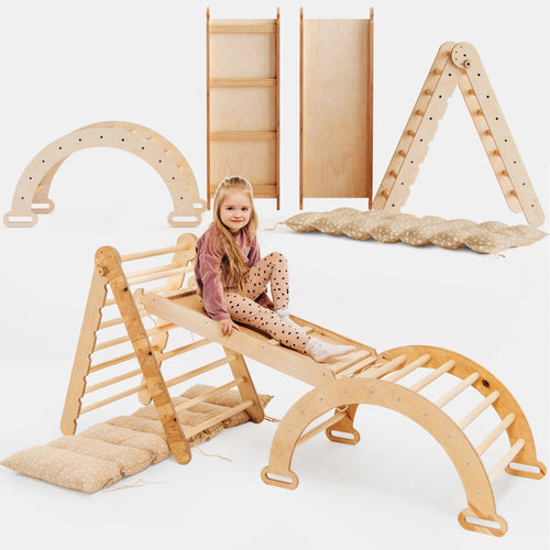 4in1 Montessori Klettergerüst Set: Kletterdreieck mit Rutsche, Kletterbogen mit Kissen, für Kinder 1-7 Jahre – Beige-0