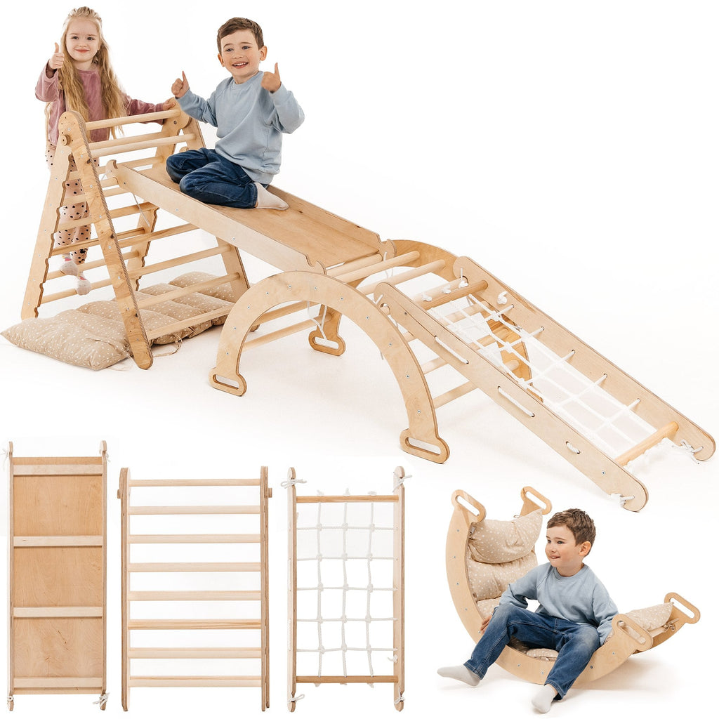 5in1 Montessori Klettergerüst Set: Kletterdreieck mit Rutsche, Kletterbogen, Kletternetz und Kissen, für Kinder 1-7 Jahre – Beige-0