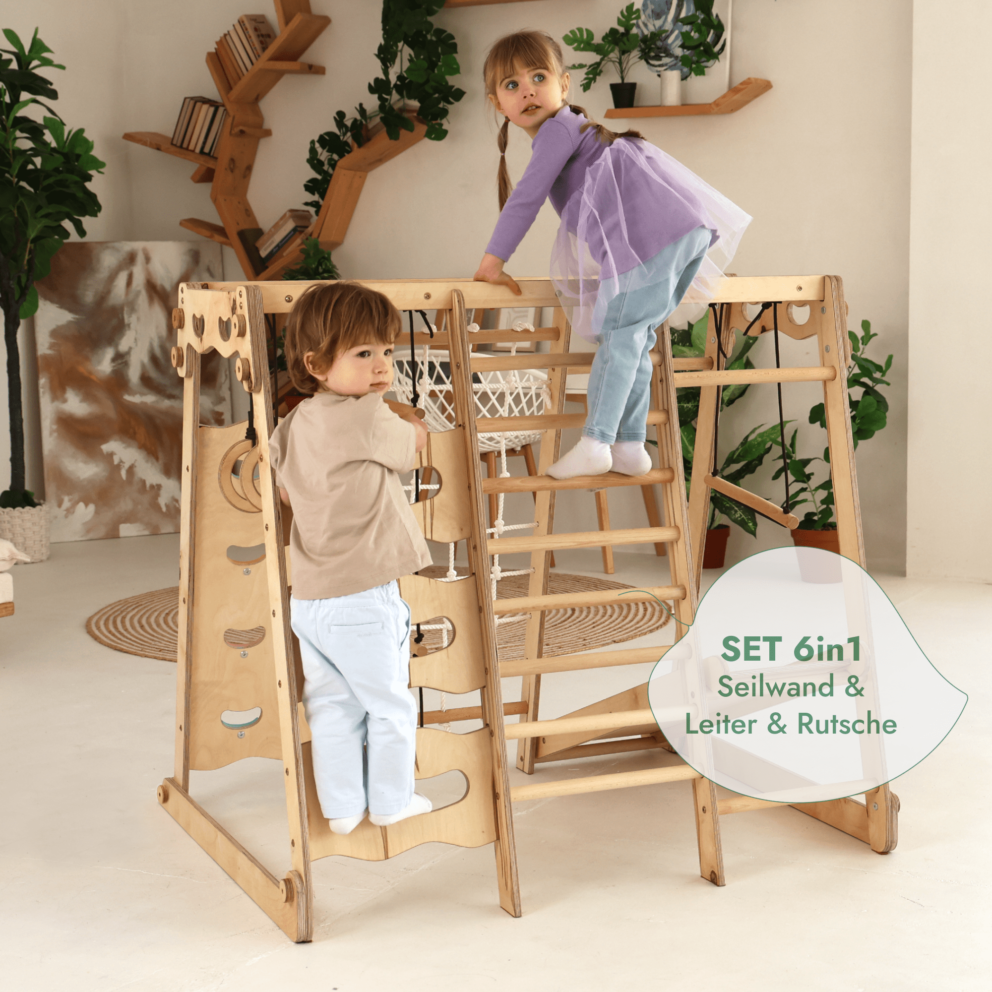 6in1 Indoor-Spielplatz aus Holz für Kinder –  Schaukel, Rutsche, Seil und Treppe-2