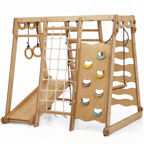 6in1 Indoor-Spielplatz aus Holz für Kinder –  Schaukel, Rutsche, Seil und Treppe-0