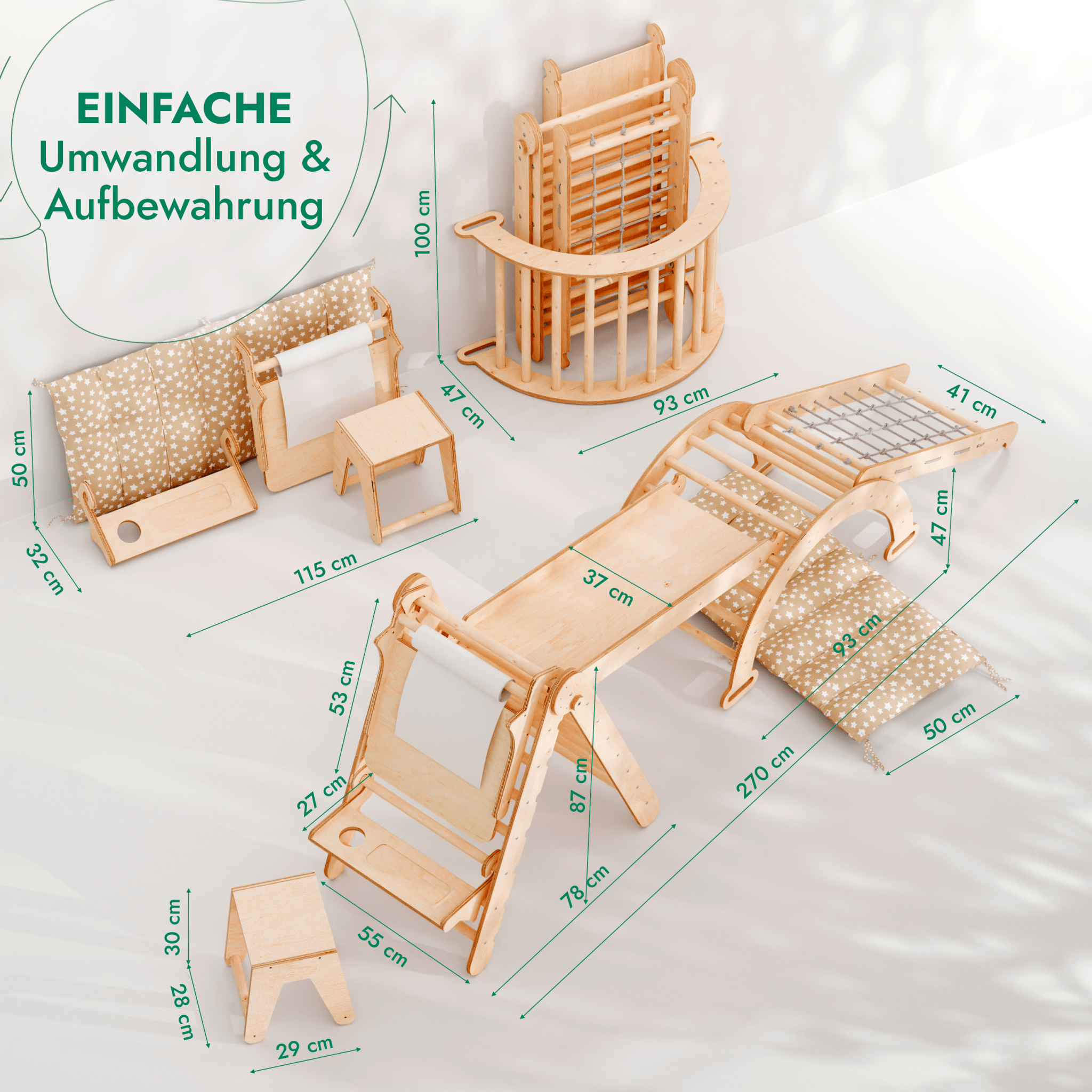 7in1 Montessori Klettergerüst Set: Kletterdreieck, Kletterbogen mit Kissen, Rutsche, Kletternetz, Maltafel und Kinderstuhl, für Kinder 1-7 Jahre – Beige-1
