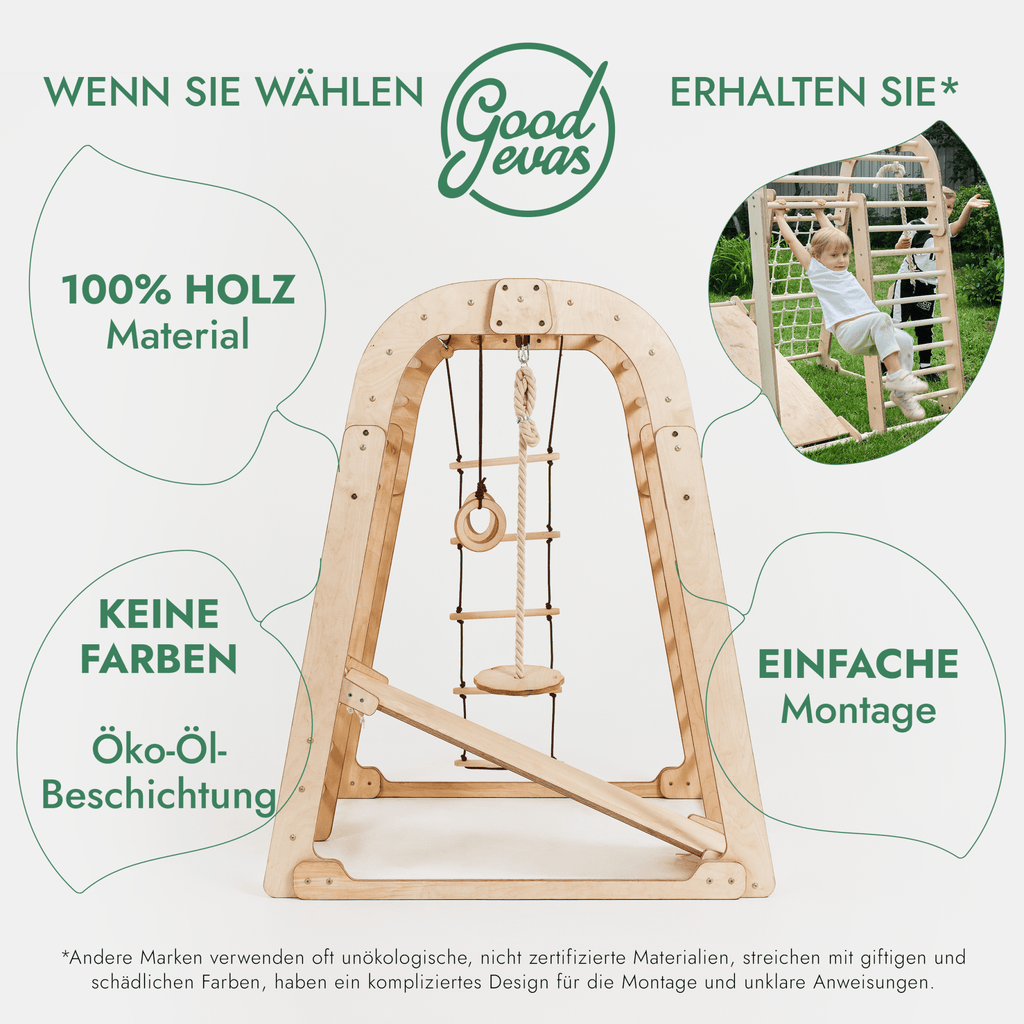 8in1 Indoor Spielplatz: Klettergerüst mit Kletternetz, Rutsche, Gymnastikringe, Hängende Leiter, Disc-Schaukel, Maltafel und Kinderstuhl – Beige-2