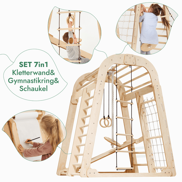 8in1 Indoor Spielplatz: Klettergerüst mit Kletternetz, Rutsche, Gymnastikringe, Hängende Leiter, Disc-Schaukel, Maltafel und Kinderstuhl – Beige-3