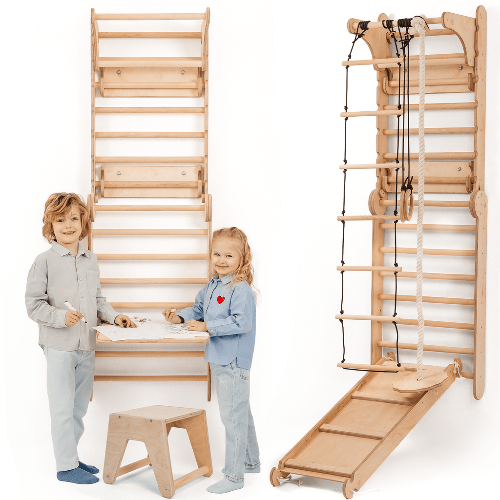8in1 Kletterwand Indoor: Sprossenwand, Gymnastikringe, Hängende Leiter, Disc-Schaukel, Rutsche, Klimmzugstange, Maltafel und Kinderstuhl für Kinder – Beige-0