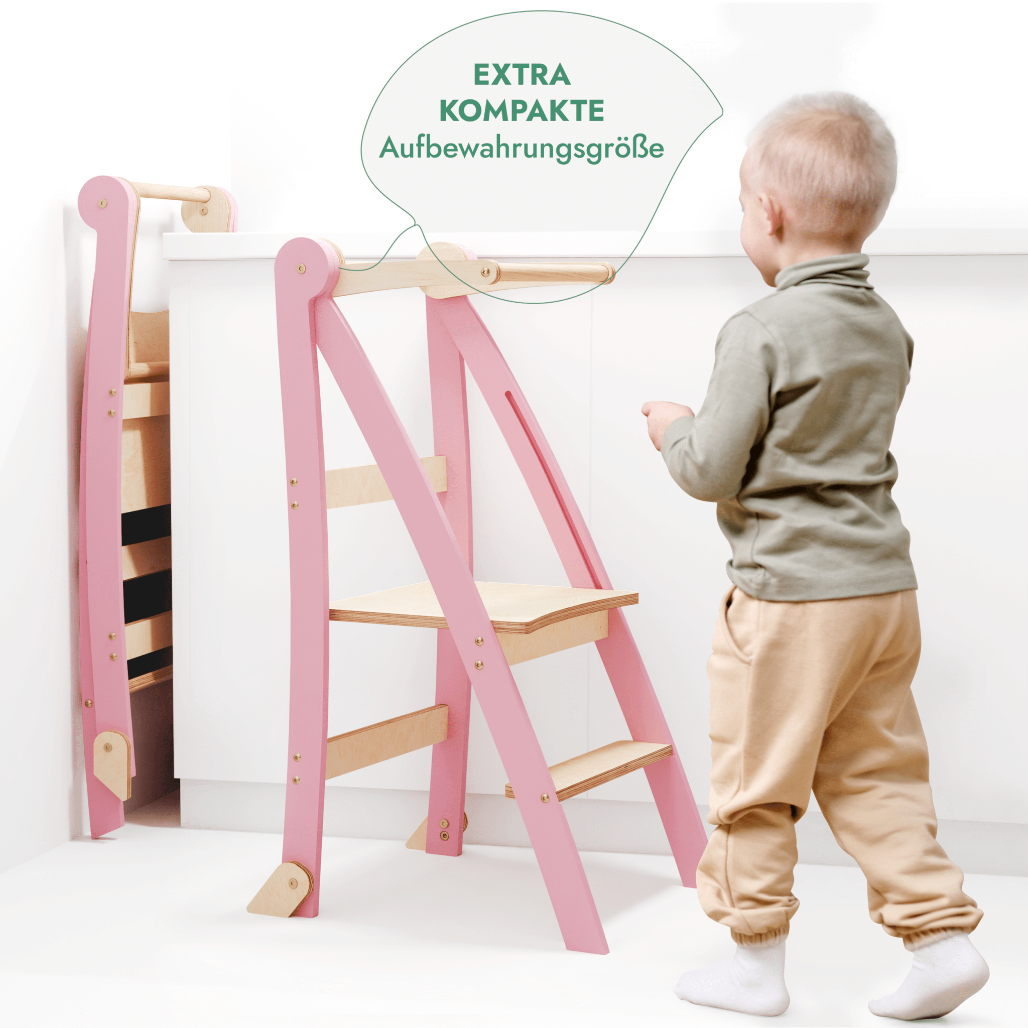 Holz Lernleiter Montessori: Multifunktionaler, klappbarer Lernturm für Kinder – Rosa-3