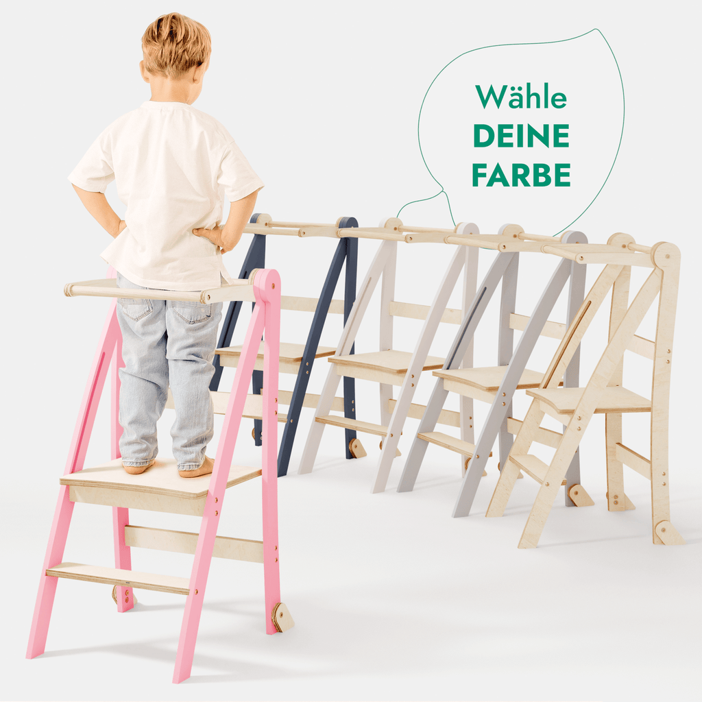 Holz Lernleiter Montessori: Multifunktionaler, klappbarer Lernturm für Kinder – Rosa-4