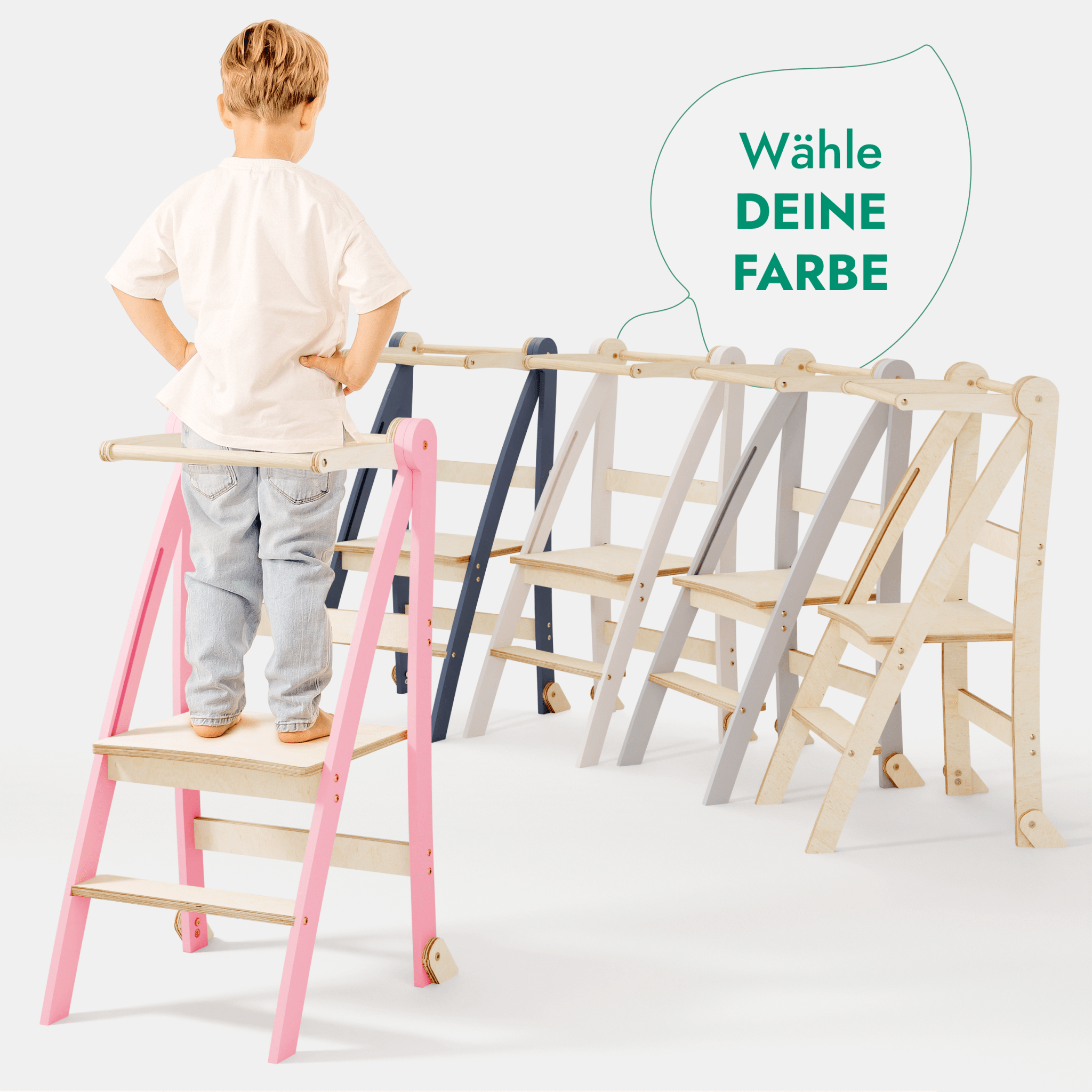 Holz Lernleiter Montessori: Multifunktionaler, klappbarer Lernturm für Kinder – Rosa-4