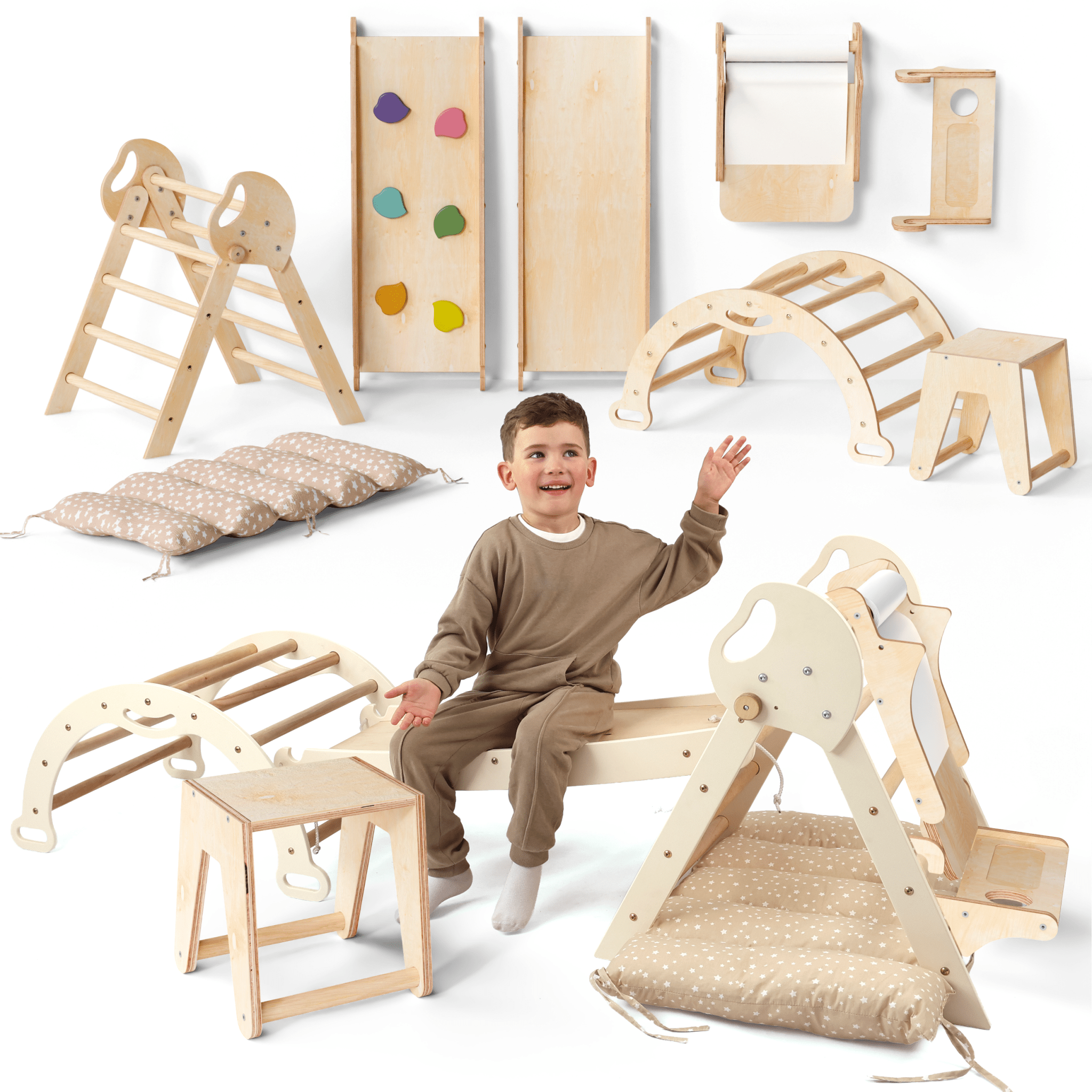 Montessori 5in1 Kletterdreieck für Babys: Pikler-Dreieck, Kletterbogen, Kunst-Erweiterung ,Rutschbrett und Kissen für Kleinkinder (1–3 Jahre)-0
